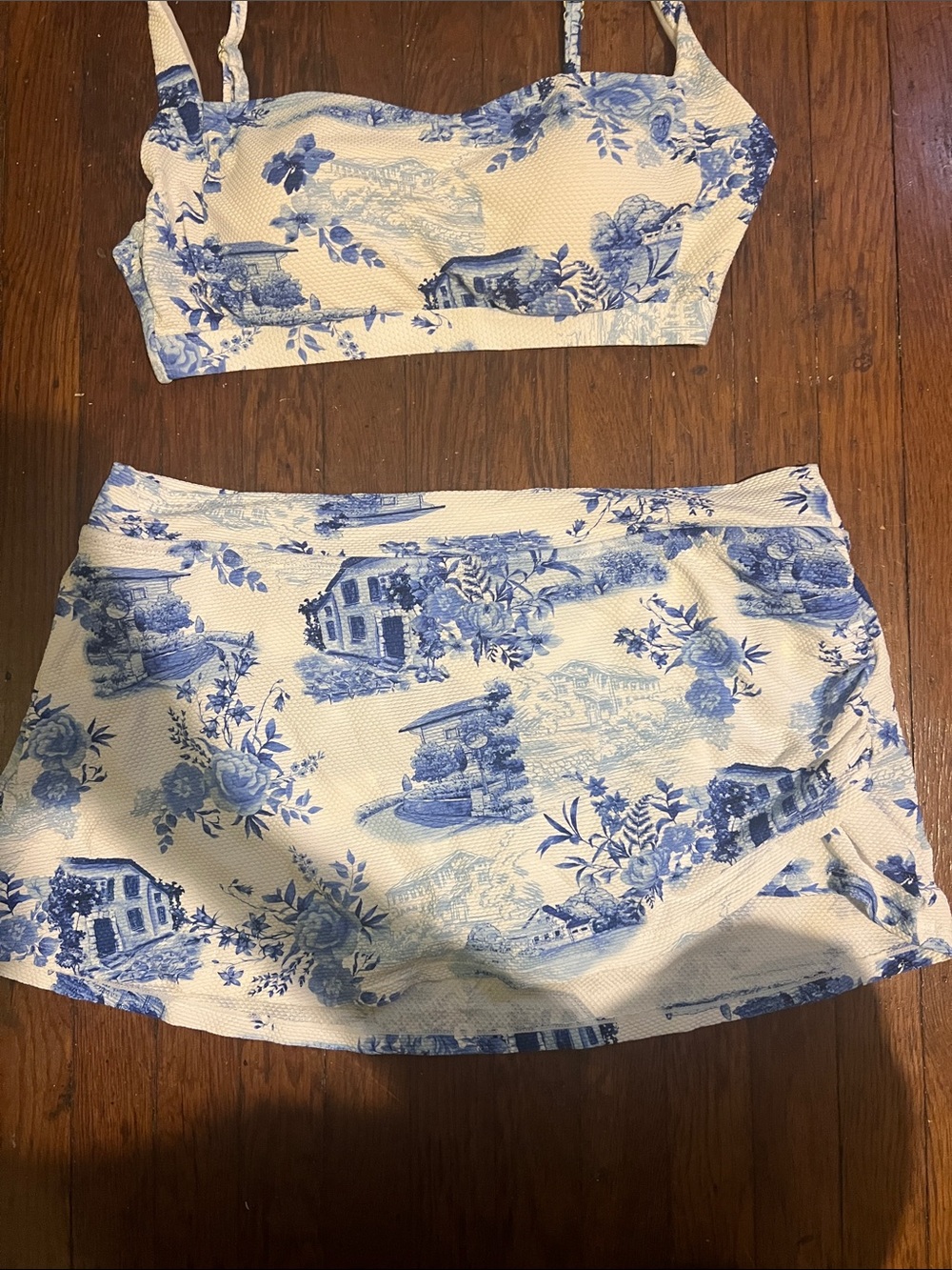 Blue Toile Mini Skirt Set — Women's Two-Piece Skirt & Crop Top - Picture 4 of 12